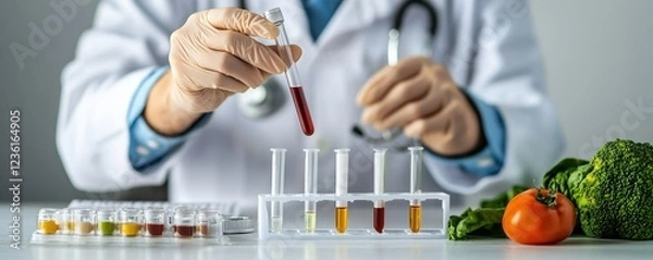 Fototapeta A scientist in a lab coat conducts food analysis, using test tubes filled with various colored liquids alongside fresh vegetables.