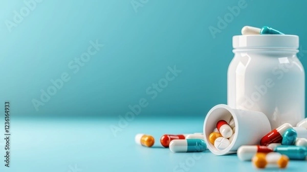 Fototapeta A collection of colorful capsules and pills spilling out of a white bottle against a light blue background.