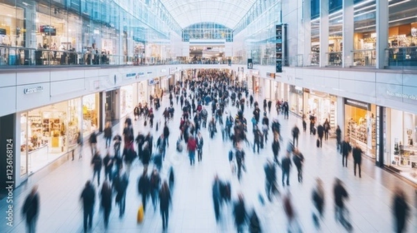 Fototapeta Crowd of people walking in a busy shopping mall with bright storefronts, showcasing consumer behavior and retail activities in a vibrant urban environment.