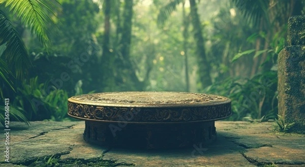 Fototapeta A serene environment in a lush garden is enhanced by a Buddha sculpture made peaceful by tropical foliage, palm fronds, and dappled sunlight, set against a green jungle backdrop with a stone
