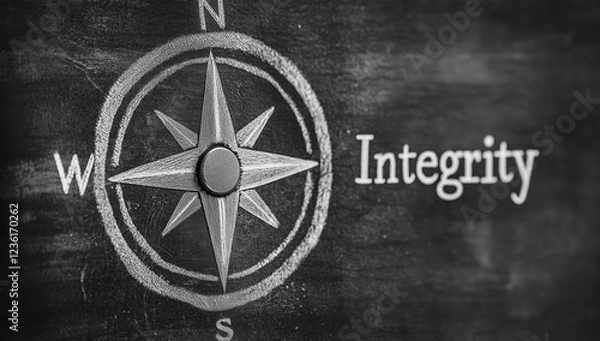 Fototapeta Chalkboard featuring a compass and the word integrity symbolizing direction and moral values in life. Ideal for concepts of ethics, honesty, and trust in personal and professional contexts.