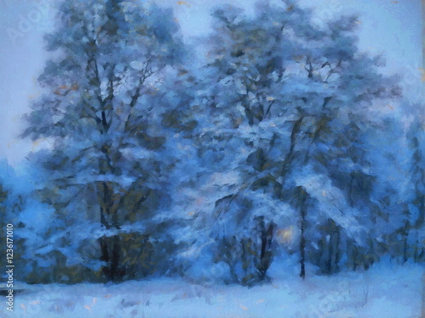 Fototapeta Winter evening landscape with trees in snow