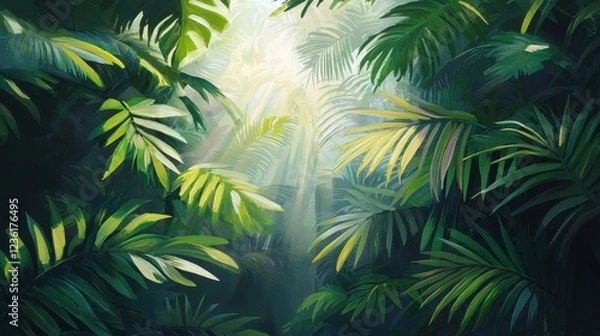 Fototapeta Lush Tropical Jungle Canopy with Sunlight Filtering Through Leaves