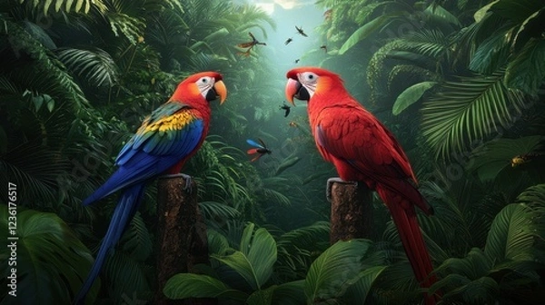 Fototapeta Colorful Parrots in Lush Jungle Setting with Vibrant Greenery
