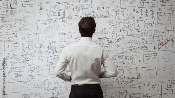 Obraz Man contemplating complex equations on whiteboard.
