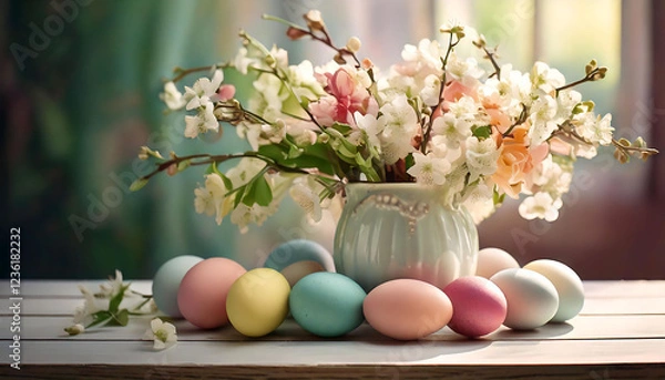 Fototapeta Pastel Easter eggs and a delicate bouquet of spring blossoms in a light teal vase create a charming springtime scene. Perfect for Easter cards, blogs, websites, or spring-themed projects.