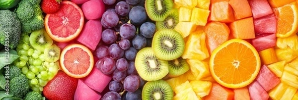 Fototapeta Rainbow of fresh, colorful fruits and vegetables arranged in a vibrant, healthy pattern.