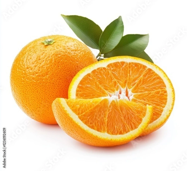 Obraz Juicy orange fruit with segments and leaves isolated on white.