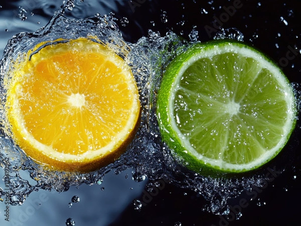 Fototapeta Fresh lemon and lime slices in water with droplets and splashes, offering a vibrant and healthy citrusy feel