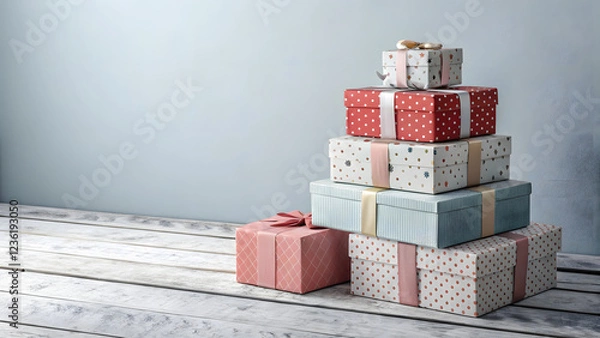 Obraz A stack of red Christmas gift boxes wrapped with festive ribbons and bows