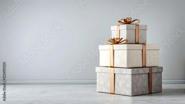 Obraz Red Christmas gift boxes with ribbons and bows on a wooden background