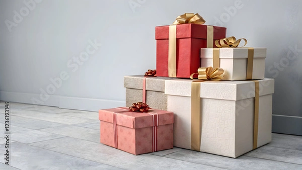 Obraz Red and gold Christmas gift boxes with ribbons and bows, isolated on a white background, perfect for holiday celebrations