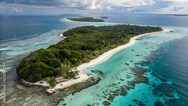 Obraz Tropical island seascape with a blue ocean view of a sandy beach
