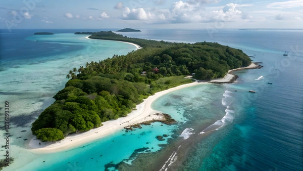 Obraz Scenic island view with blue Mediterranean waters lapping the sandy shore