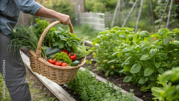 Obraz A gardener harvests fresh, organic tomatoes in a greenhouse