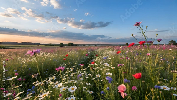Obraz A vibrant field of red poppies and colorful flowers blooms under the summer sky