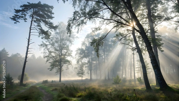 Obraz Morning mist in the forest with sunlight and fog