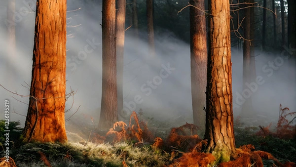 Obraz Misty Forest Morning with Fog and Sunlight