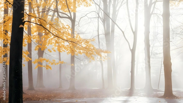Obraz Misty autumn trees in a foggy forest landscape