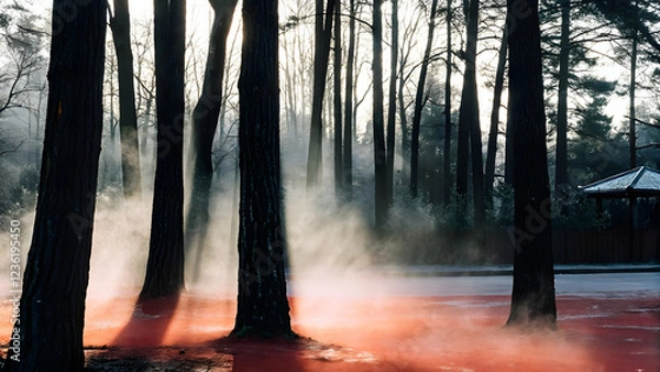 Obraz Misty Morning in the Forest with Sun Rays
