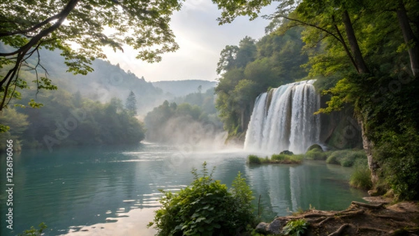 Obraz Beautiful waterfall flowing through the lush forest in Plitvice National Park