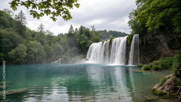 Obraz Beautiful waterfall in the lush forest of Plitvice National Park with flowing water over rocks and greenery