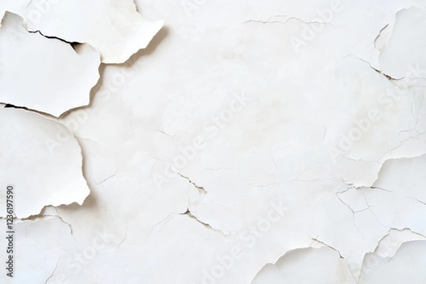 Fototapeta Cracked white peeling paint on an aged plaster wall close up texture