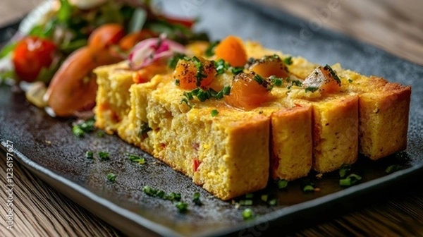 Fototapeta Gourmet Cornbread with Roasted Corn, Jalapeno, and Cheddar. Sophisticated Presentation