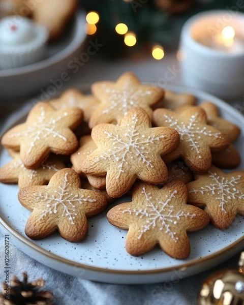 Obraz Festive star-shaped cookies decorated with icing on a cozy table setting with candles and decor
