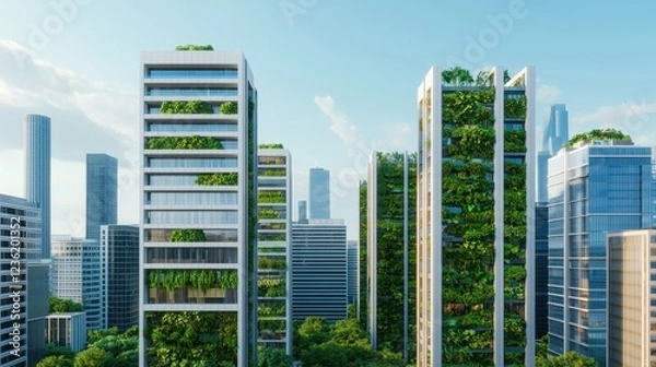 Fototapeta Modern Eco-Friendly Buildings with Greenery in Urban Setting