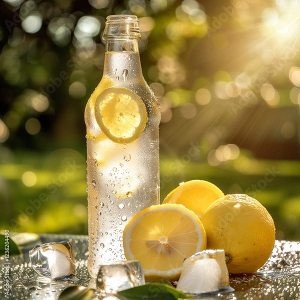 Fototapeta A bottle of lemonade with ice cubes and lemon slices, condensation on the bottle, set against a sunny backyard background, refreshing and sweet