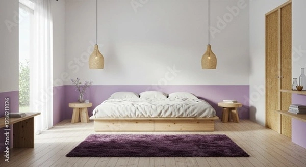 Fototapeta Serene Lavender Bedroom: Minimalist Wooden Bed, Woven Lights, and Plush Rug