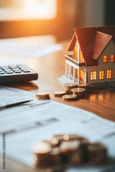 Fototapeta Real estate investment concept with miniature house, calculator, and coins on paperwork, symbolizing financial planning, mortgage analysis, and property value growth.