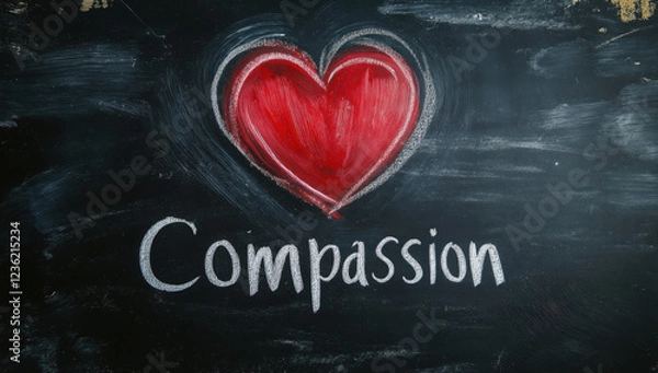 Obraz Blackboard with the word compassion written beside a red heart, symbolizing empathy and kindness in education