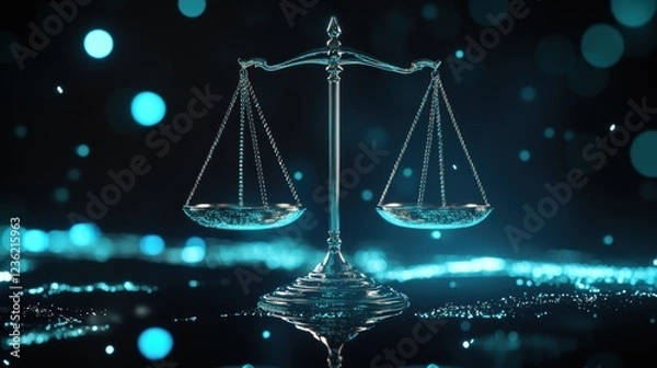 Fototapeta Scales of justice on a digital background representing law, fairness, and balance in legal systems, symbolizing the judiciary and ethical decision-making in society.