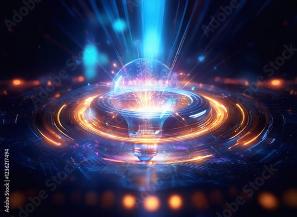 Fototapeta Abstract sci-fi double exposure image. Glowing orb rests on a circular platform, emitting bright energy beams against a dark background.  Surrounding it are concentric rings of light.