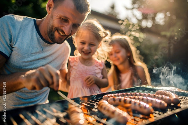 Fototapeta Father and daughters enjoying a barbecue picnic