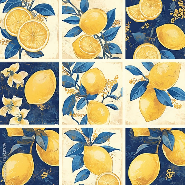 Obraz A variety of lemons and blue leaves, arranged in a grid of nine squares. The lemons are depicted in different sizes and positions, with some placed closer to the center of the squares