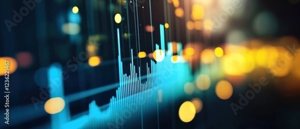 Fototapeta Stock market analysis with financial data visualization on trading graphs. Digital technology, investment strategy, and market trends with glowing indicators.
