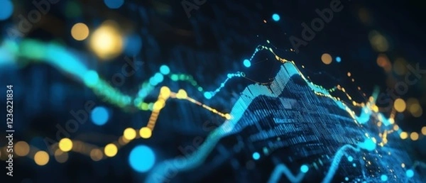 Fototapeta Stock market data visualization with glowing graphs and charts showing financial trends, investment analysis, and digital technology for market insights.