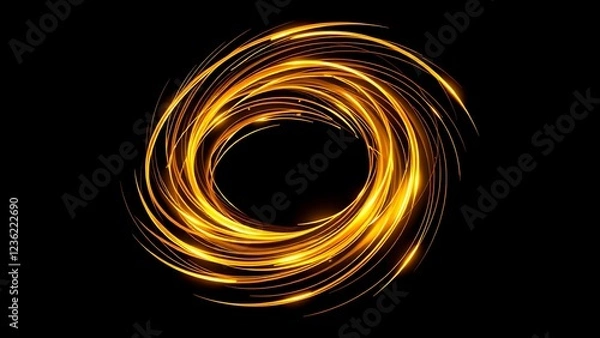 Fototapeta Golden Energy Swirl with Light Trails on a Black Background
