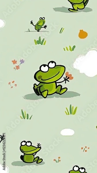 Fototapeta Happy Green Frogs in a Whimsical Meadow