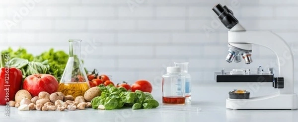 Fototapeta A microscope is placed beside fresh vegetables and laboratory equipment, symbolizing the intersection of science and nutrition.