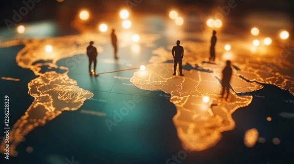 Fototapeta World map illuminated with glowing connections, digital transformation, people analyzing global market trends, business strategy, and international collaboration.