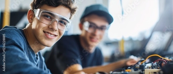 Fototapeta Young men working together on engineering project in workshop, focused on electronics assembly or repairs, showcasing teamwork and hands-on learning in technology.