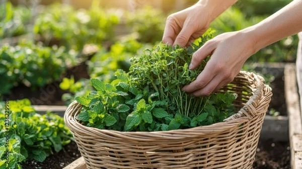 Fototapeta A gardener s hands gently gathering fresh-cut herbs into a woven basket, filled with fragrant mint, chives, and oregano. The sunlight filters through the leaves, creating a vibrant, sun-kissed glow.