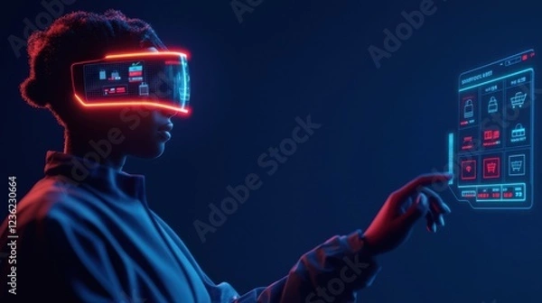 Obraz A futuristic digital shopping experience for eco-conscious consumers, a holographic interface displaying sustainability ratings for products, a user navigating an augmented reality store with an AI