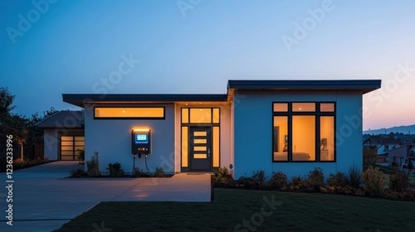 Obraz A sleek, modern home with a battery backup system seamlessly integrated into its design, featuring a digital display showing real-time power levels. The setting is illuminated by warm interior