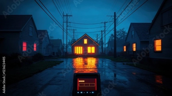 Fototapeta A dramatic nighttime scene of a power outage, where a single home remains illuminated thanks to its battery backup system. The surrounding houses are in darkness, with the glow of the powered home
