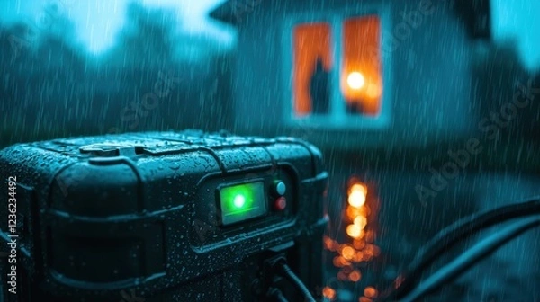 Fototapeta A close-up shot of a portable emergency generator actively supplying power to a home during a storm. Raindrops glisten on the metal casing, and an LED indicator glows green, signaling proper